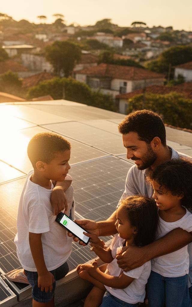 Painéis solares em telhados residenciais no Brasil, energia solar ou eólica, ao pôr do sol