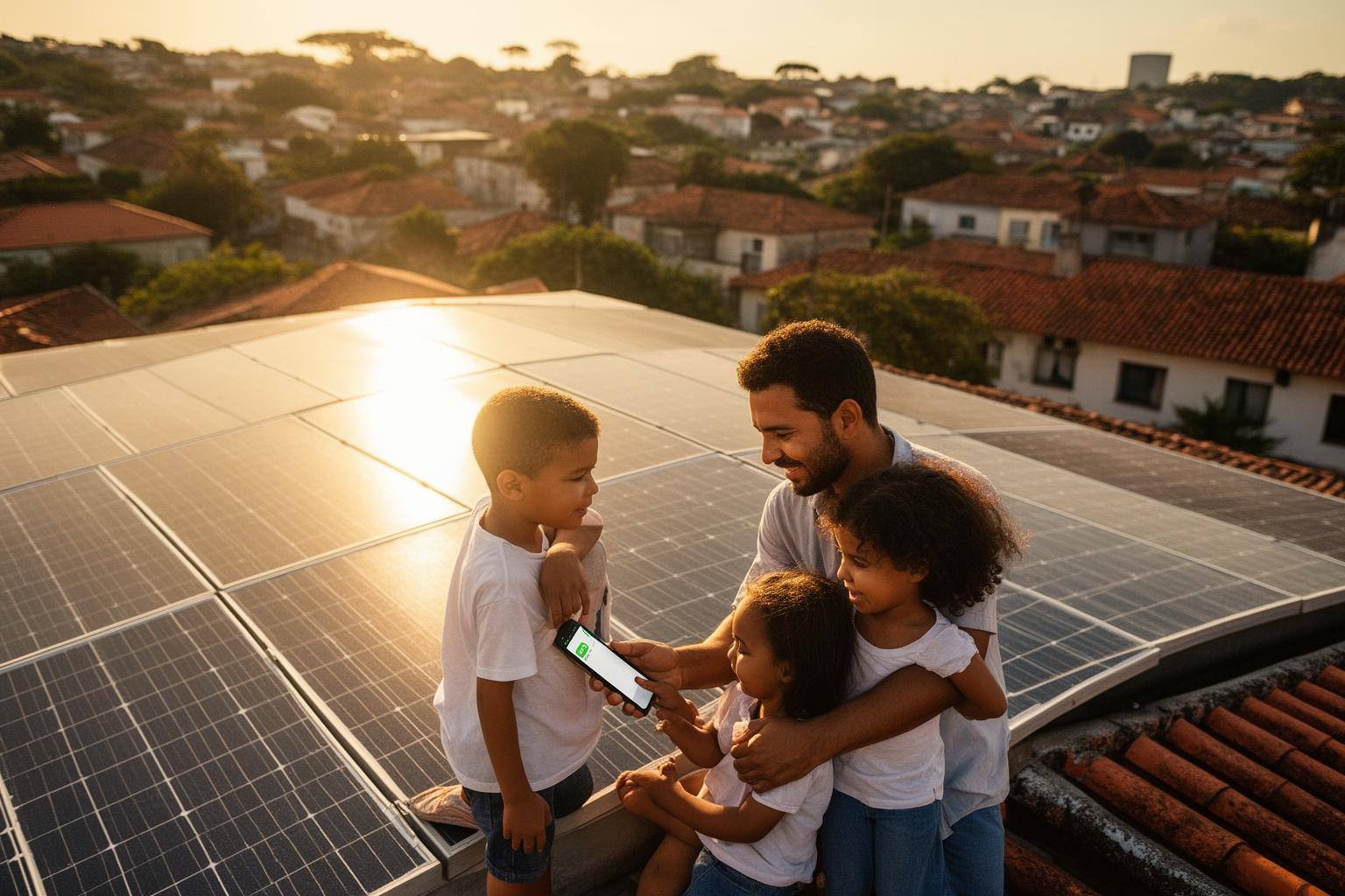 Painéis solares em telhados residenciais no Brasil, energia solar ou eólica, ao pôr do sol