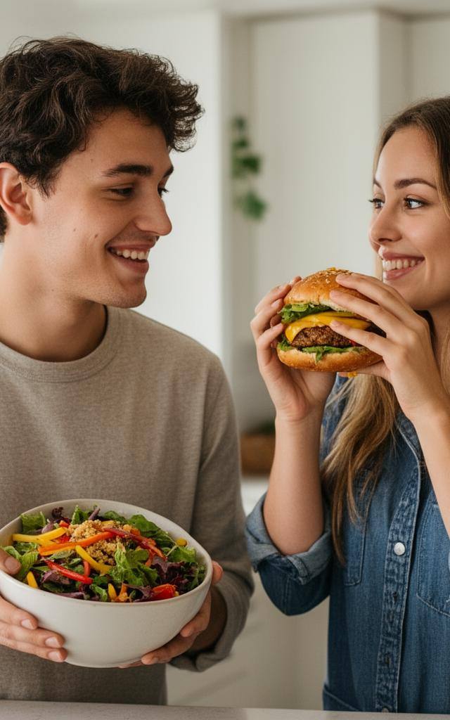 Paar beim gemeinsamen Kochen veganer Gerichte in heller Küche