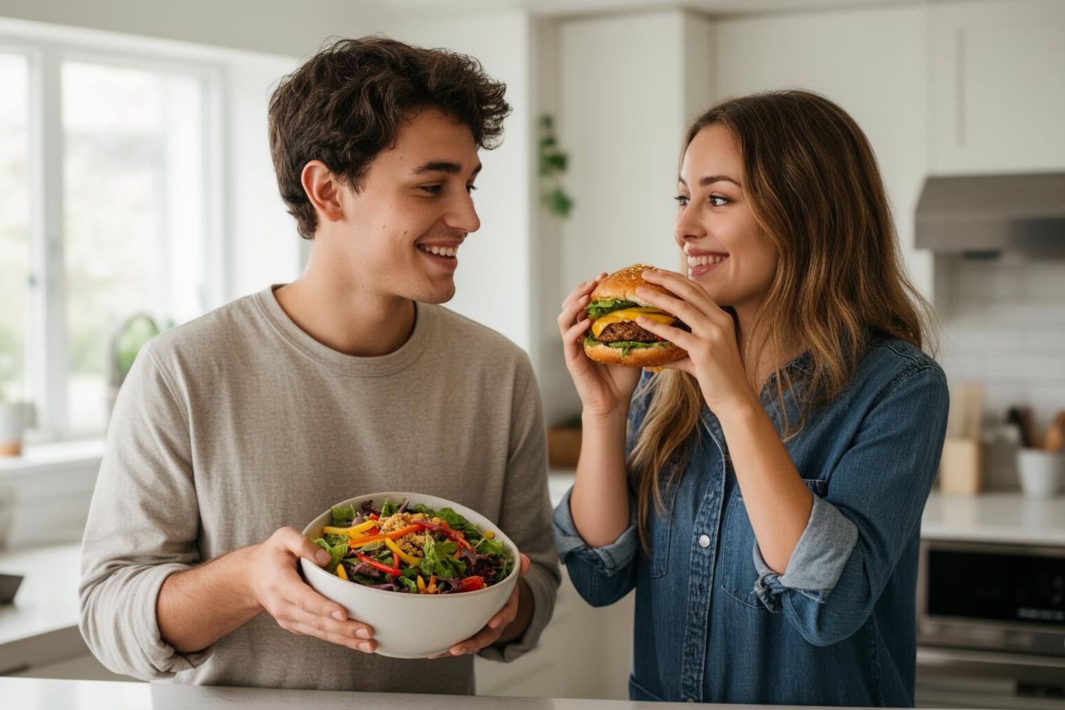 Paar beim gemeinsamen Kochen veganer Gerichte in heller Küche