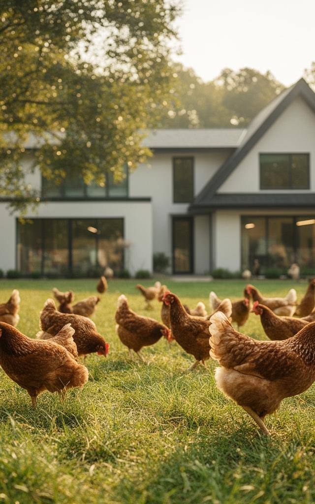 Poulets en liberté dans un élevage en plein air, sans cages, futur de l'élevage responsable