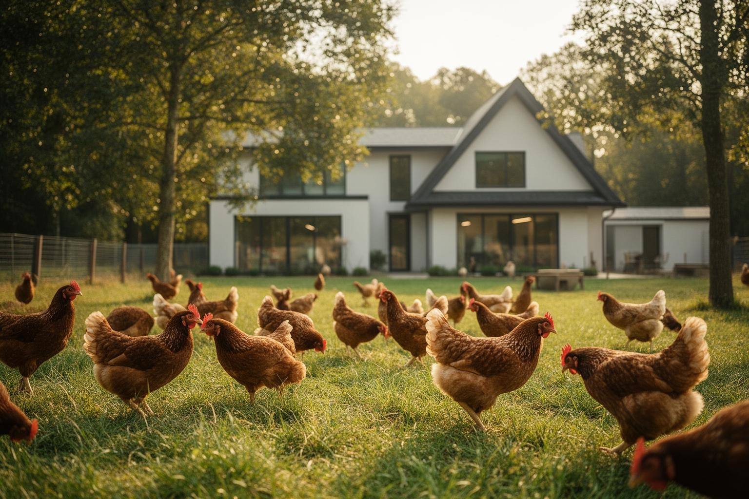 Poulets en liberté dans un élevage en plein air, sans cages, futur de l'élevage responsable