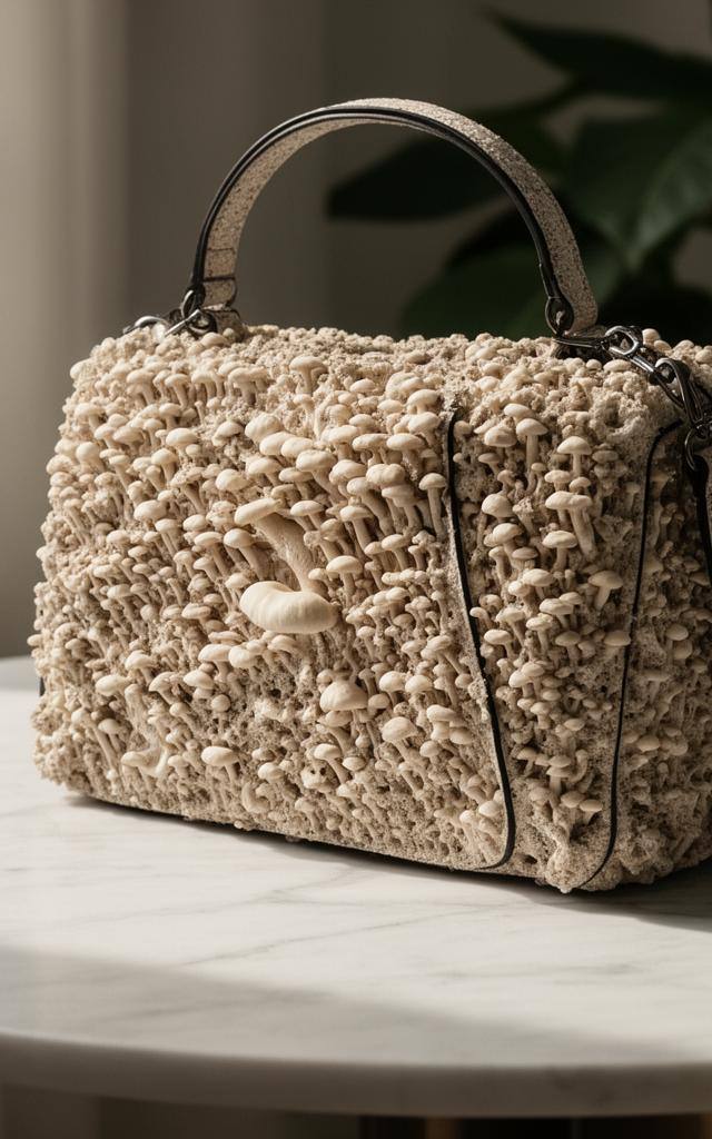 Сумка Hermès Victoria из мицелия Reishi на мраморном столе в стиле люксовой рекламы