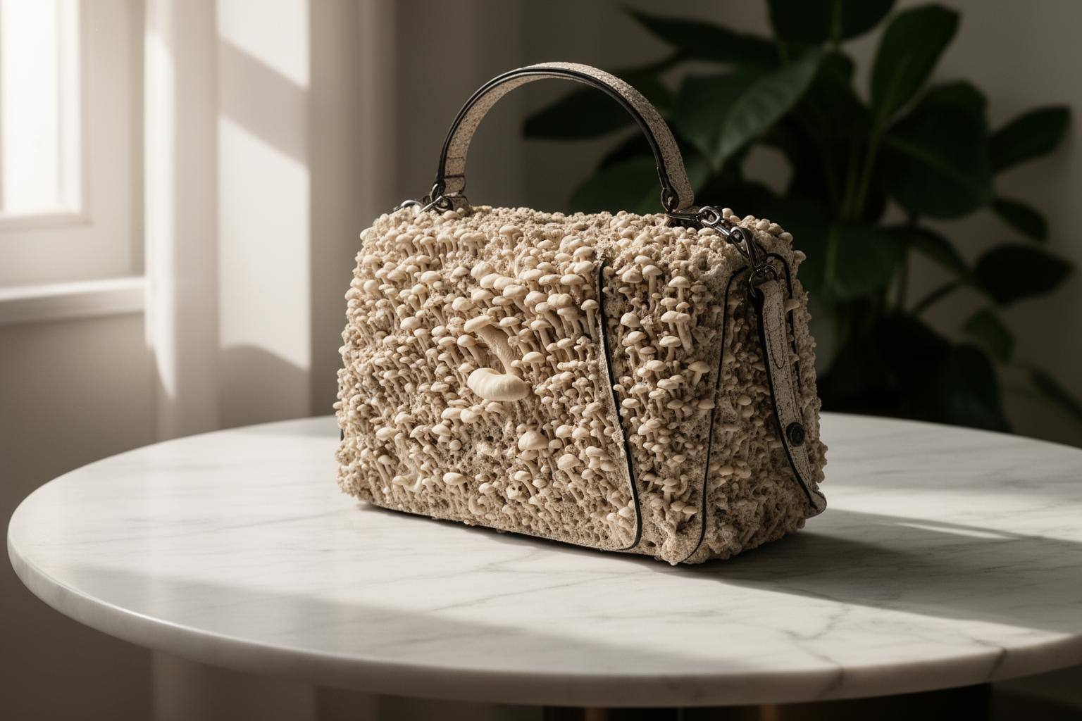 Сумка Hermès Victoria из мицелия Reishi на мраморном столе в стиле люксовой рекламы