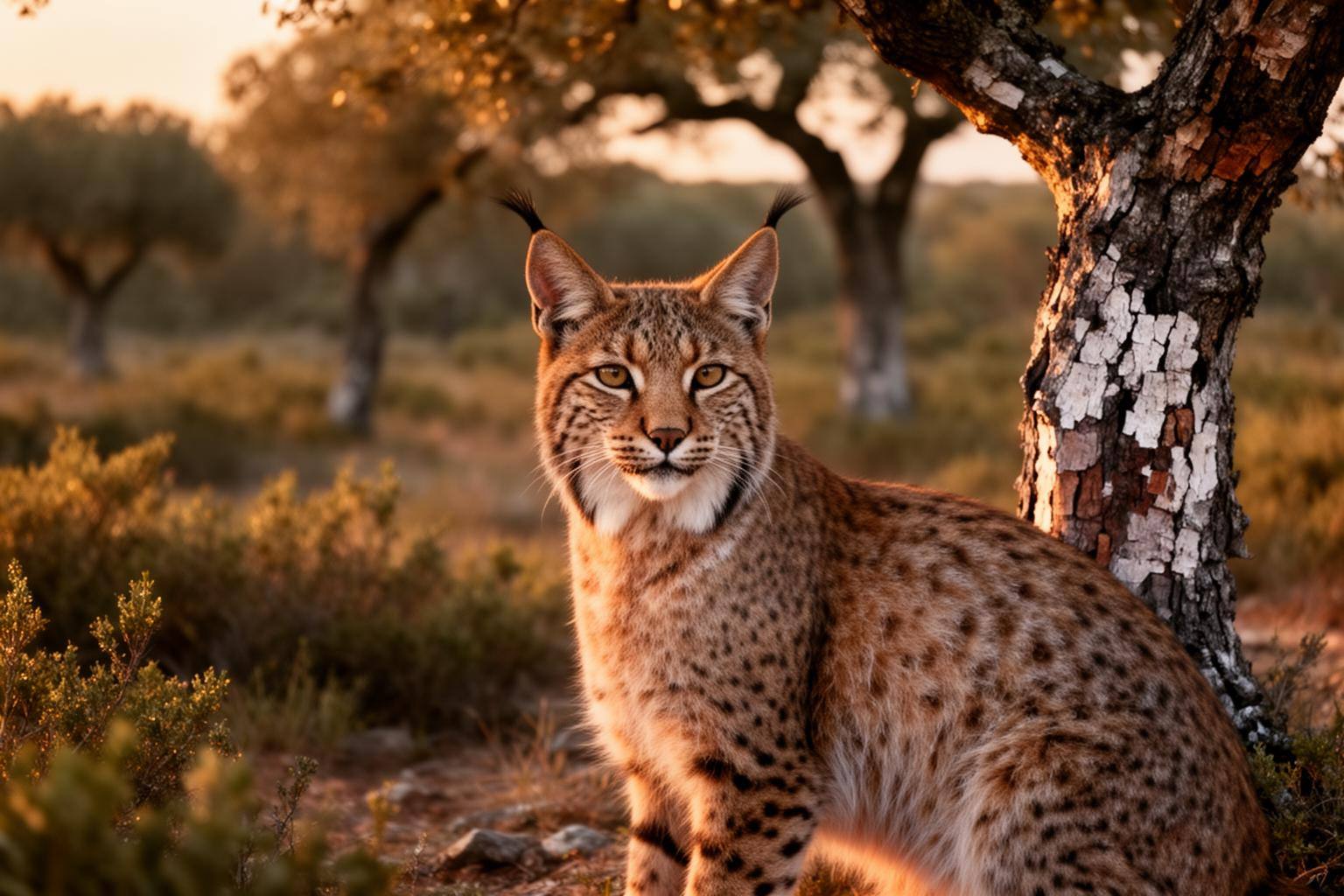 Lince-ibérico em habitat natural no Alentejo, focagem nítida, sob a luz dourada de entardecer, assunto o lince-ibérico vulnerável IUCN 2024