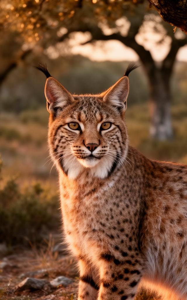 Lince-ibérico em habitat natural no Alentejo, focagem nítida, sob a luz dourada de entardecer, assunto o lince-ibérico vulnerável IUCN 2024