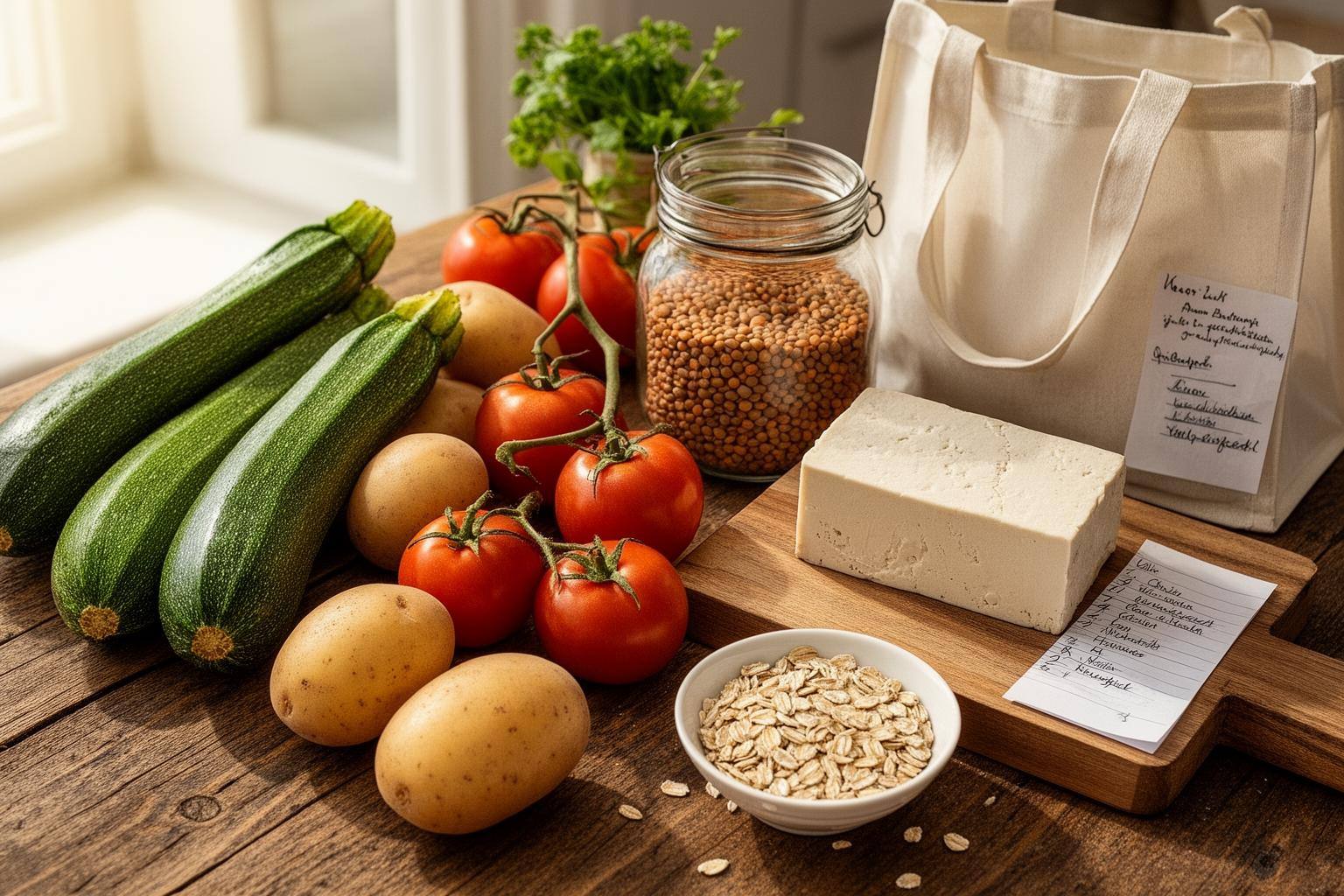 Veganer Wocheneinkauf auf Holztisch – vegane wocheneinkäufe review zeigt frisches Gemüse und Linsen
