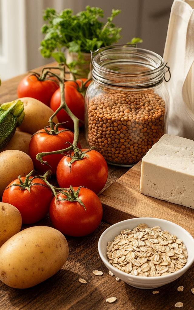Veganer Wocheneinkauf auf Holztisch – vegane wocheneinkäufe review zeigt frisches Gemüse und Linsen