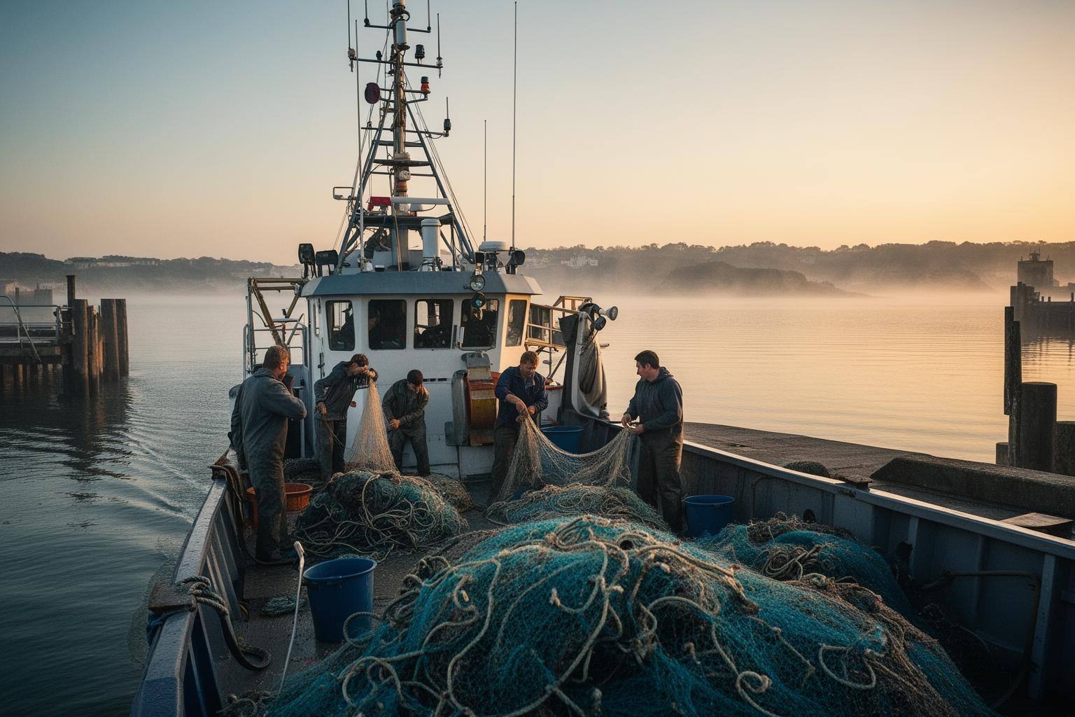 Navire de pêche français rentrant au port à l'aube, un symbole de la filière pêche face à la surpêche en France 2026