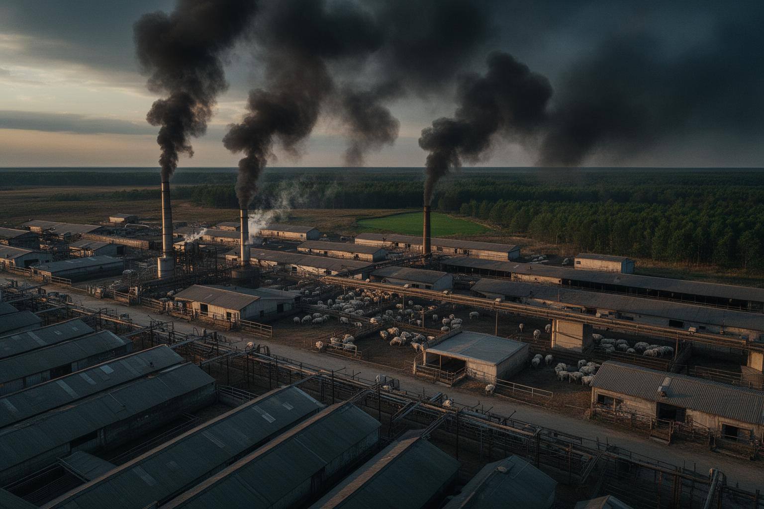 Vista aérea de una granja industrial de ganado con humo de fondo y un bosque en el horizonte, aludiendo a las compensaciones de alcance 3