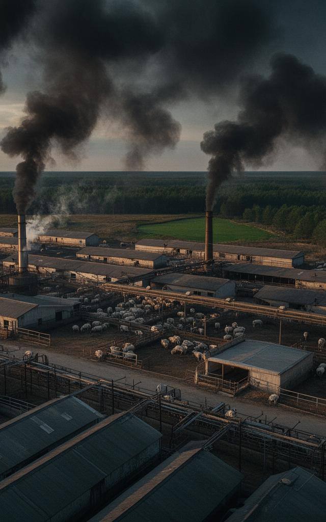 Vista aérea de una granja industrial de ganado con humo de fondo y un bosque en el horizonte, aludiendo a las compensaciones de alcance 3