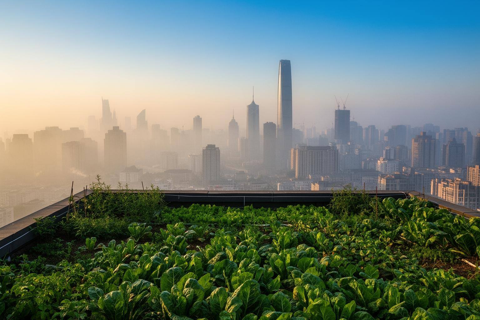 俯瞰中国城市雾霾与前景中生机勃勃的屋顶菜园，对比鲜明，体现纯素饮食改善空气质量的希望。