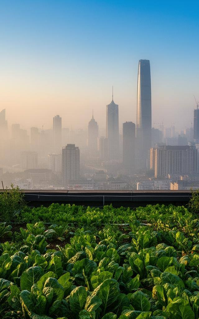 俯瞰中国城市雾霾与前景中生机勃勃的屋顶菜园，对比鲜明，体现纯素饮食改善空气质量的希望。