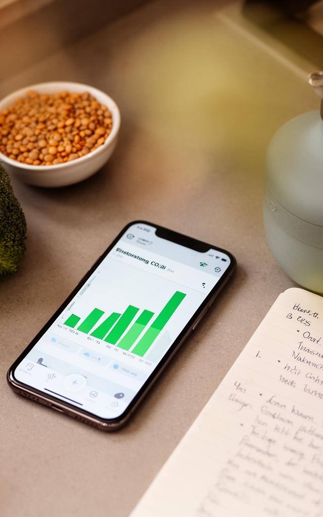 Hochwertiges Foto einer Küchenzeile mit Smartphone, das einen CO₂-Rechner für Ernährung zeigt, umgeben von frischem Gemüse in Deutschland