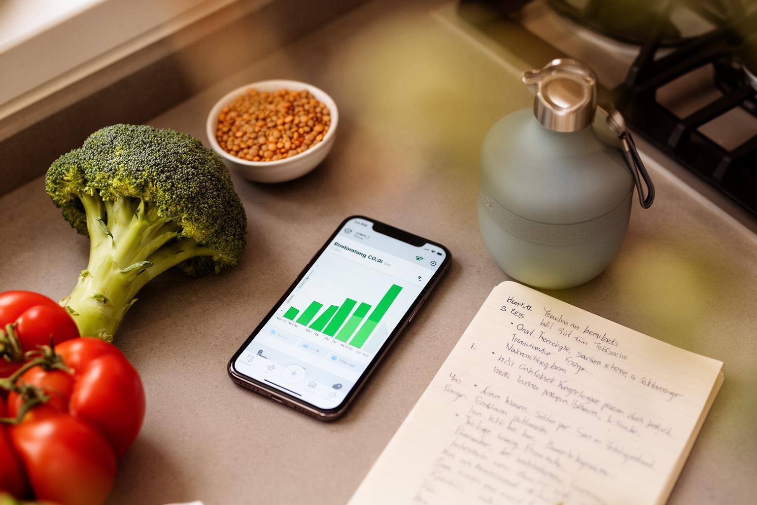 Hochwertiges Foto einer Küchenzeile mit Smartphone, das einen CO₂-Rechner für Ernährung zeigt, umgeben von frischem Gemüse in Deutschland