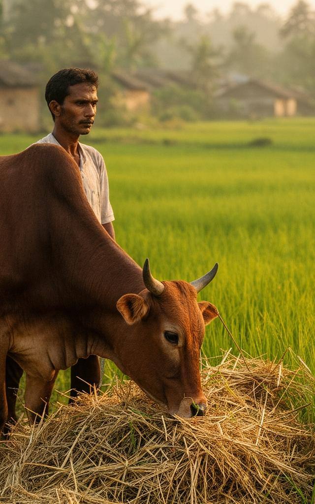 বাংলাদেশের গ্রামে খড় খাচ্ছে এমন একটি গরু, পাশে কৃষক, মেঘলা আকাশ।