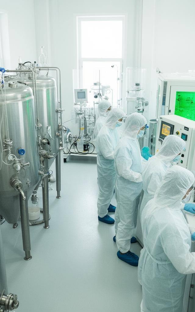 空气蛋白二氧化碳制蛋白试点工厂内部，发酵罐整齐排列，技术人员正在操作控制面板。