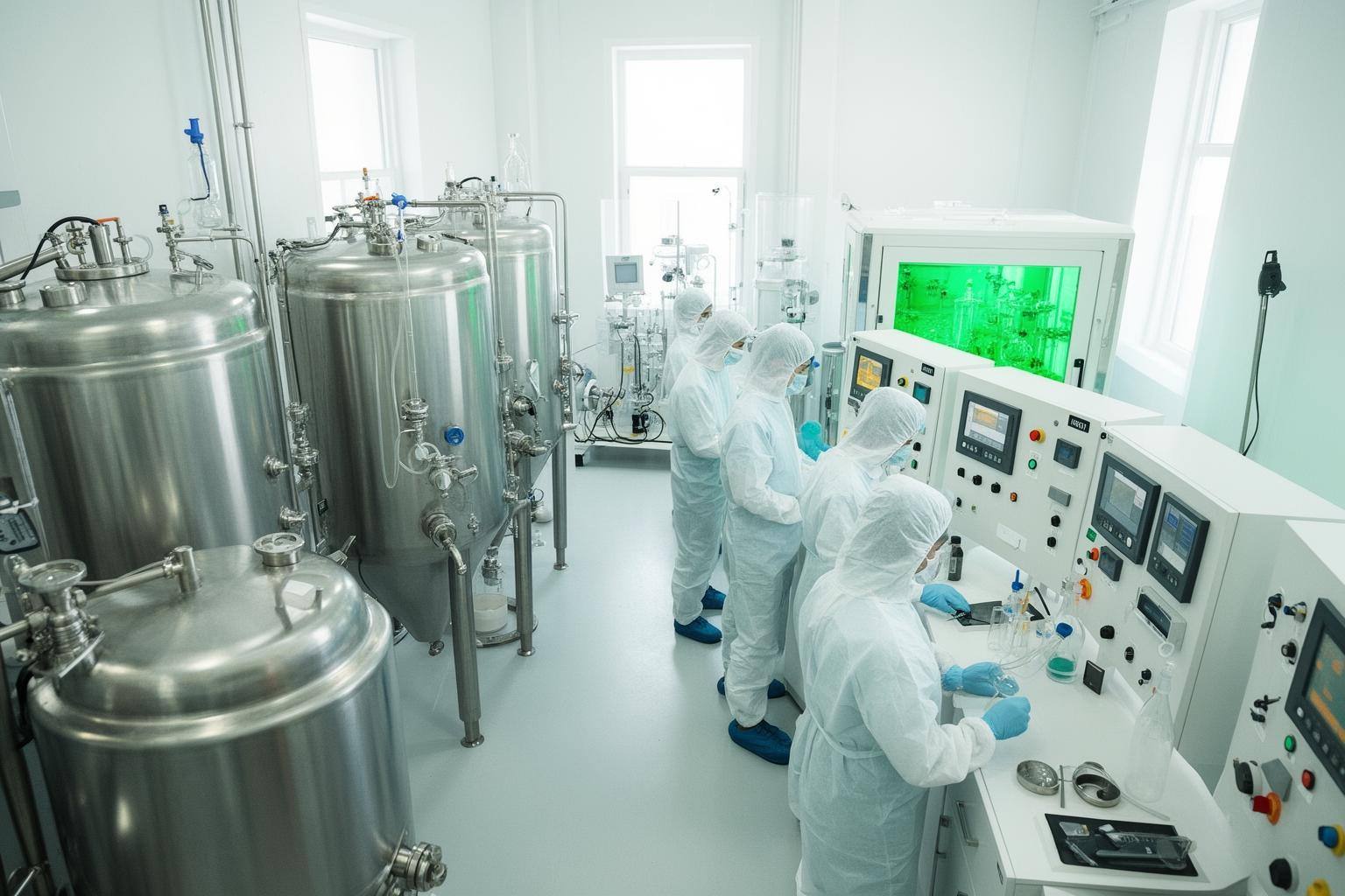 空气蛋白二氧化碳制蛋白试点工厂内部,发酵罐整齐排列,技术人员正在操作控制面板。
