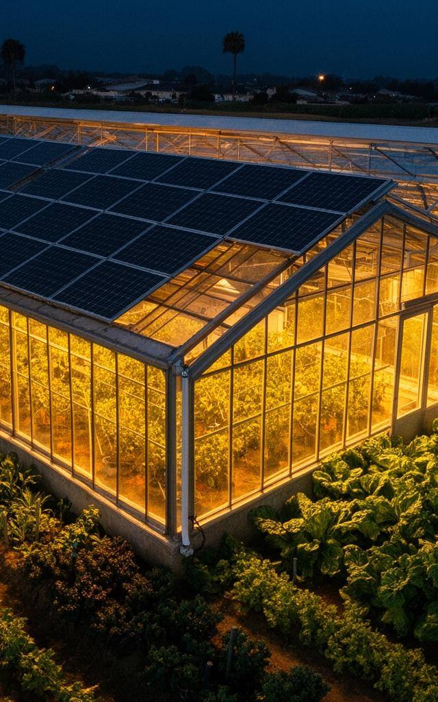 Sustainable greenhouse with solar panels growing plant-based crops under golden evening light