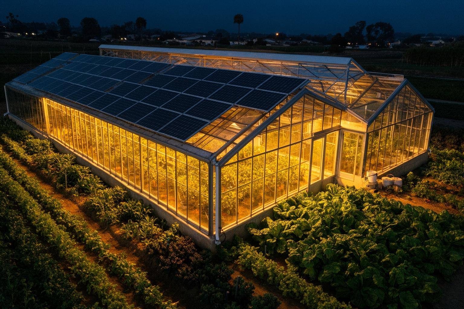 Sustainable greenhouse with solar panels growing plant-based crops under golden evening light