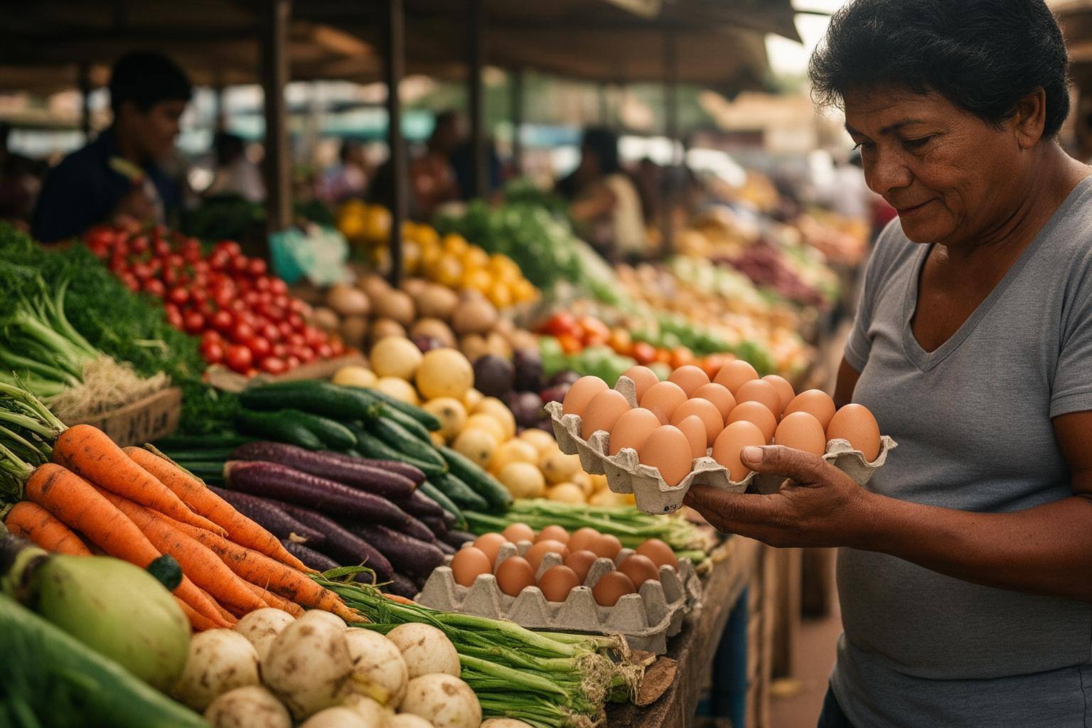 Mercado brasileiro com alimentos vegetais e rótulo de bem-estar animal em ovos, refletindo a legislacao do bem-estar animal no Brasil 2026.