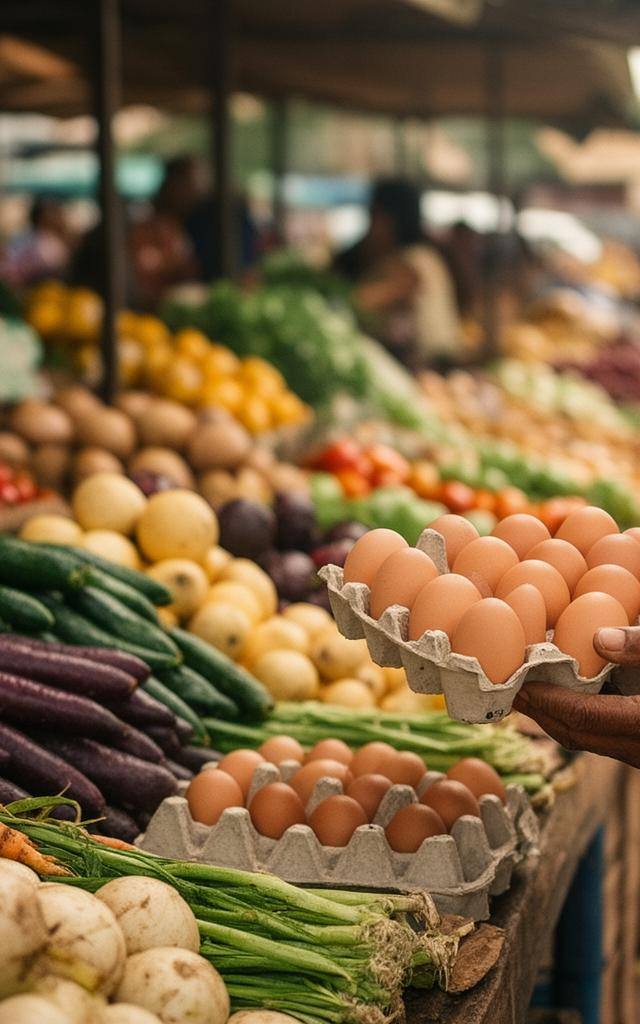 Mercado brasileiro com alimentos vegetais e rótulo de bem-estar animal em ovos, refletindo a legislacao do bem-estar animal no Brasil 2026.