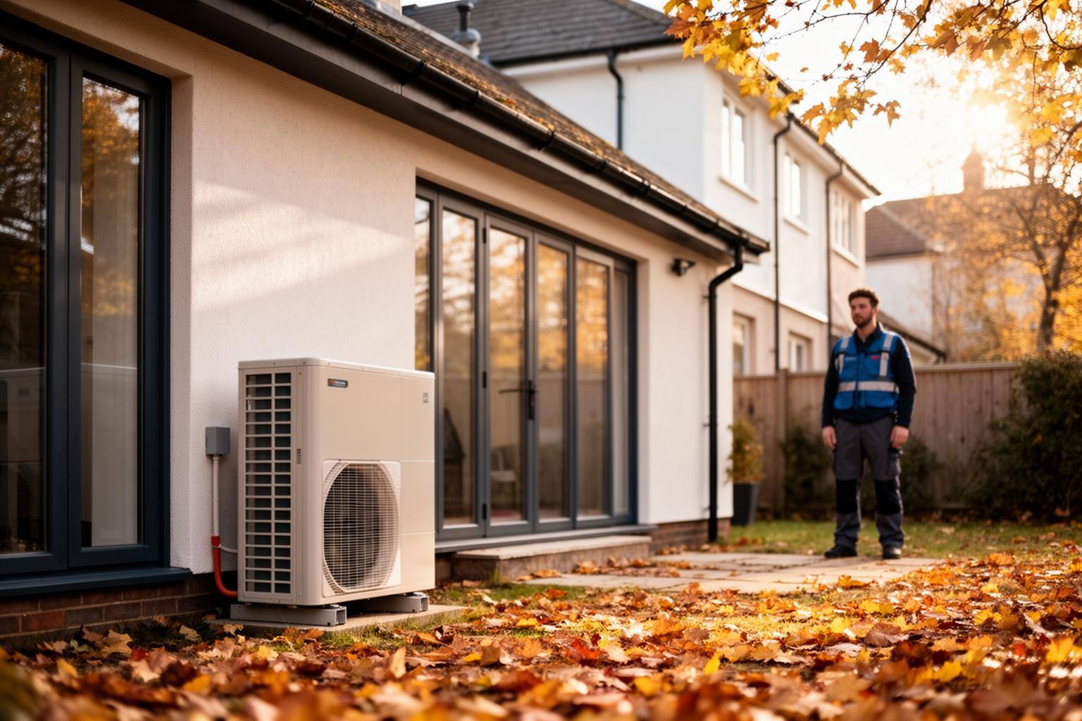 Air source heat pump installed outside a UK home in 2026, with garden and autumn leaves.