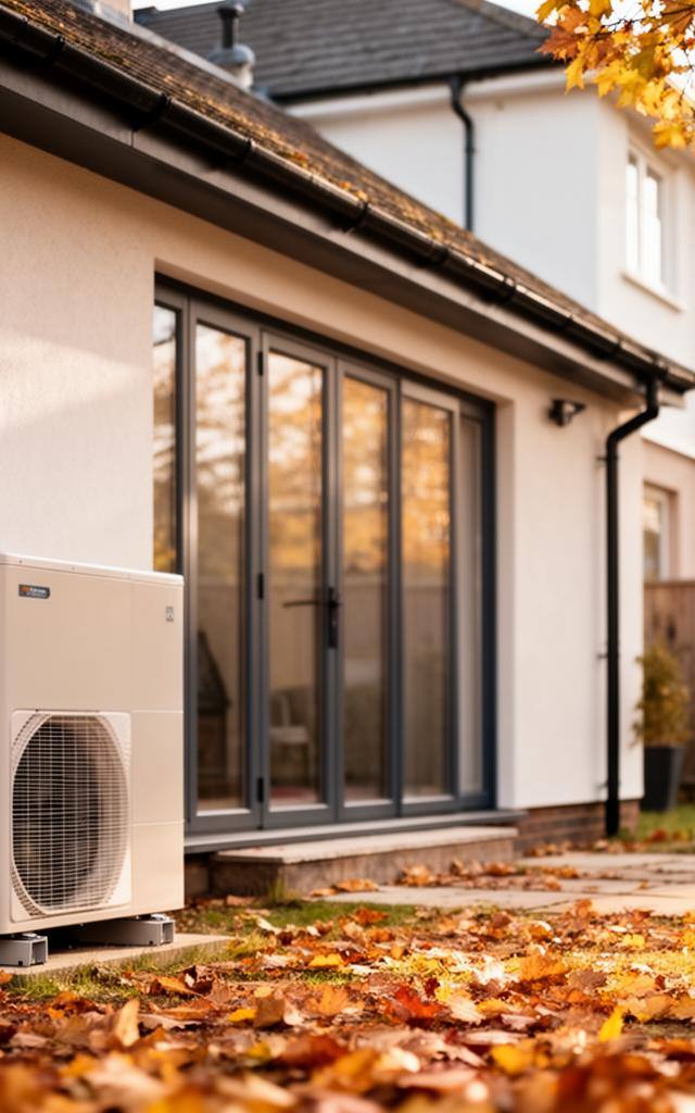 Air source heat pump installed outside a UK home in 2026, with garden and autumn leaves.