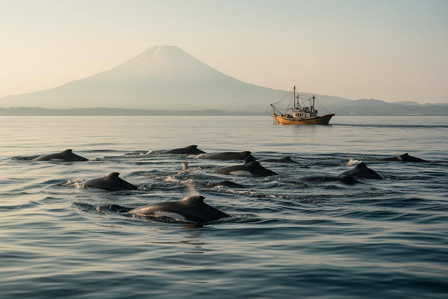 Ballenas nadando en el océano con un barco pesquero alejándose, simbolizando el cambio de opinión en la caza de ballenas Japón 2026.
