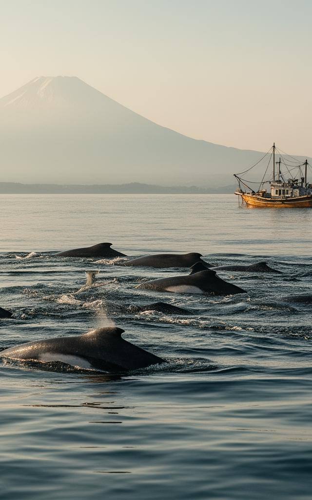 Ballenas nadando en el océano con un barco pesquero alejándose, simbolizando el cambio de opinión en la caza de ballenas Japón 2026.