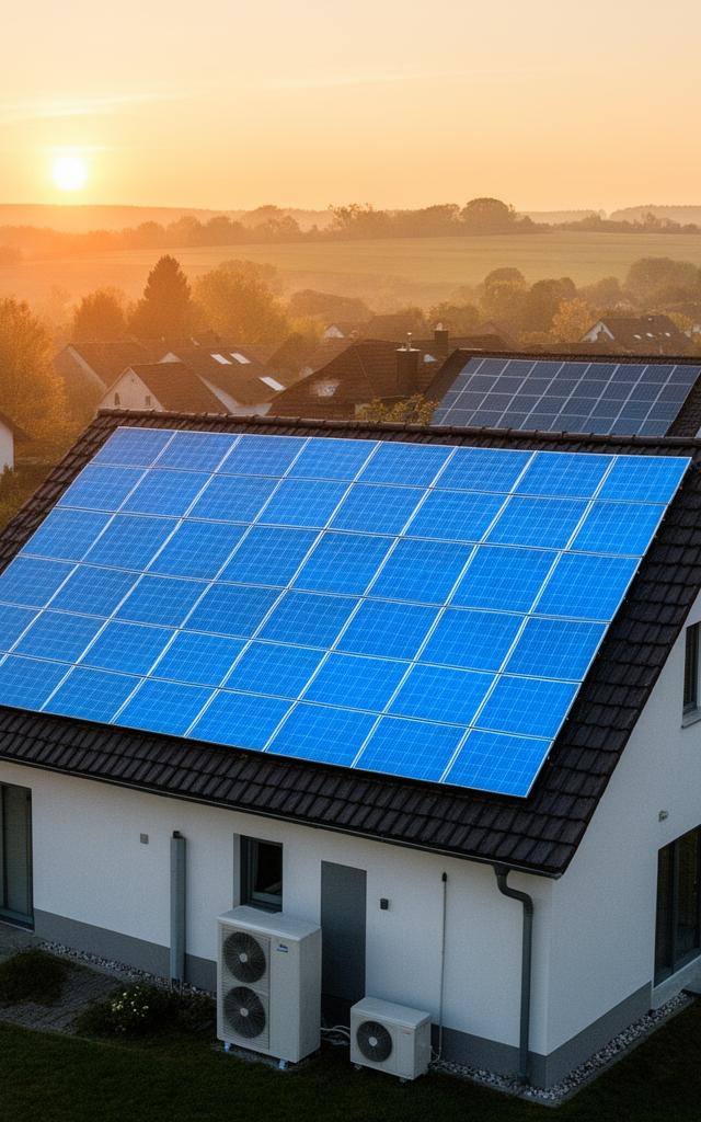 Luftaufnahme eines deutschen Einfamilienhauses mit Solaranlage auf dem Dach und Wärmepumpe – erneuerbare Energie zu Hause im Abendlicht