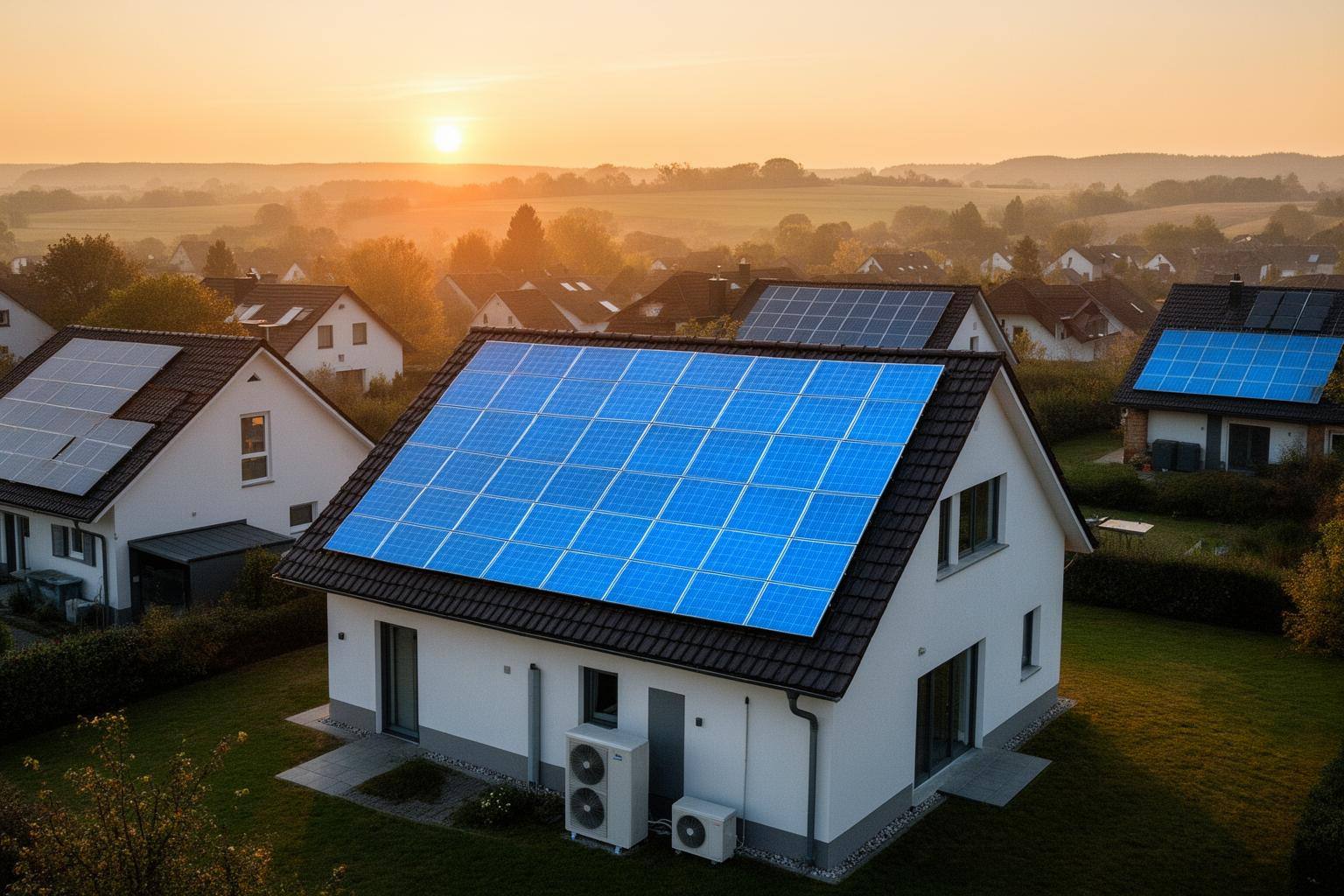 Luftaufnahme eines deutschen Einfamilienhauses mit Solaranlage auf dem Dach und Wärmepumpe – erneuerbare Energie zu Hause im Abendlicht