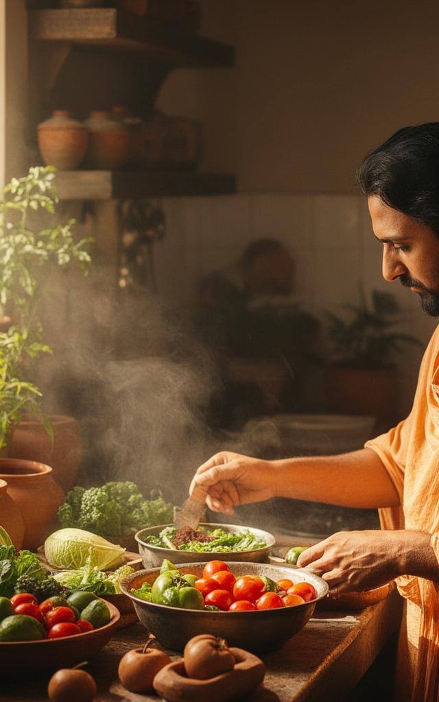 जैन आहार मिथक के विपरीत, रसोई में ताज़ी सब्जियों और दालों के साथ संतुलित शाकाहारी भोजन बनाता परिवार