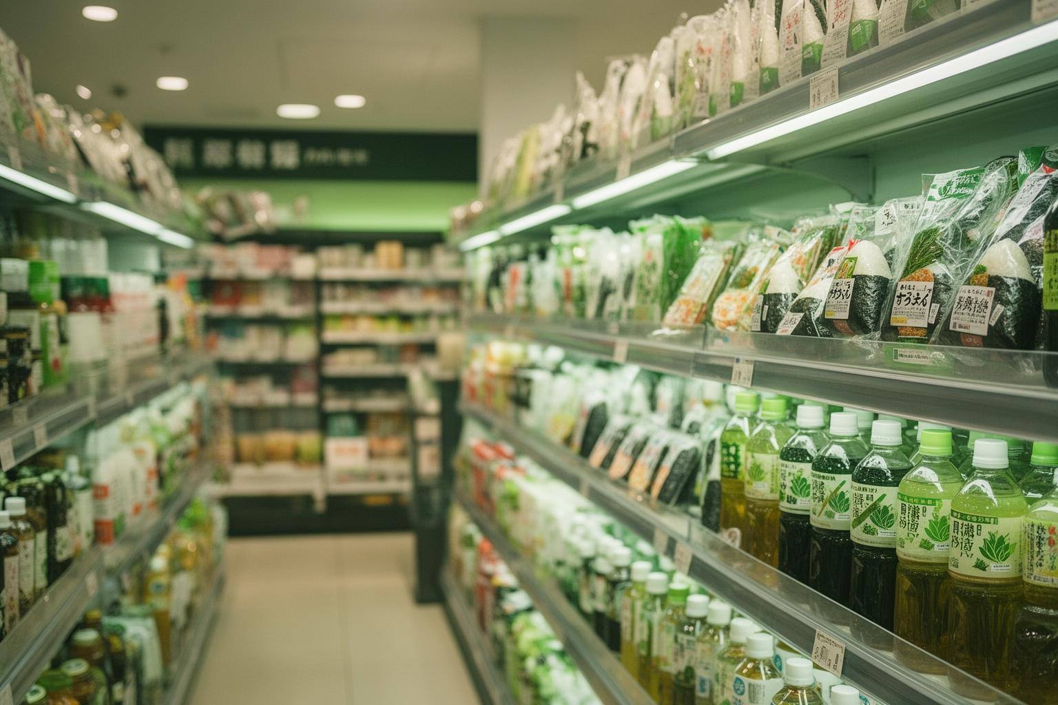 日本のコンビニに並ぶヴィーガン対応のおにぎりや飲み物の棚の様子