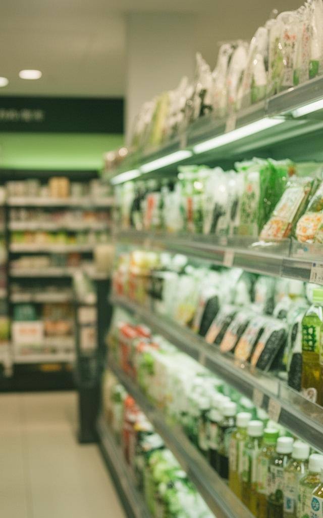 日本のコンビニに並ぶヴィーガン対応のおにぎりや飲み物の棚の様子