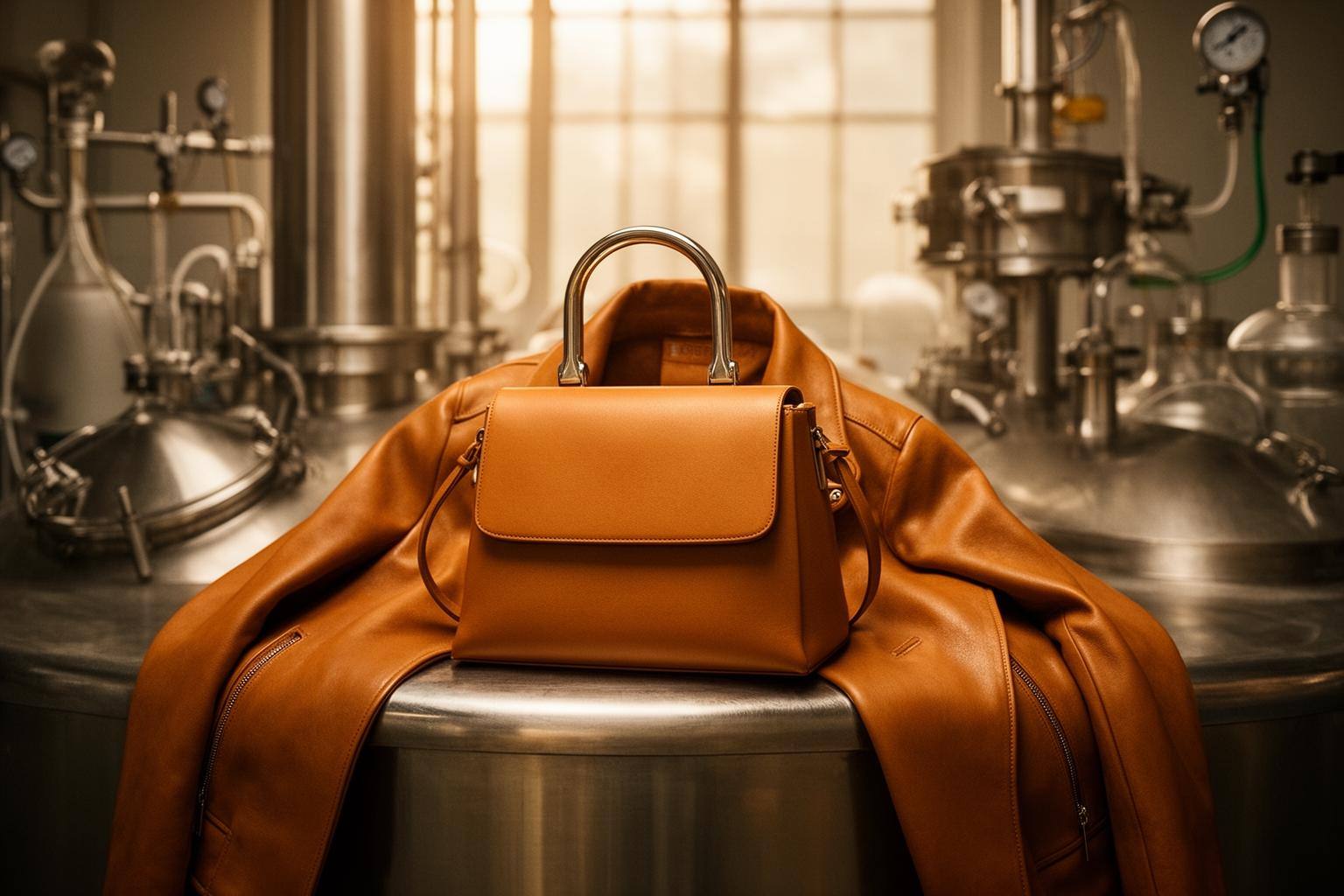 Modern Meadow Bio-Alloy sleek jacket and handbag in sustainable fashion studio