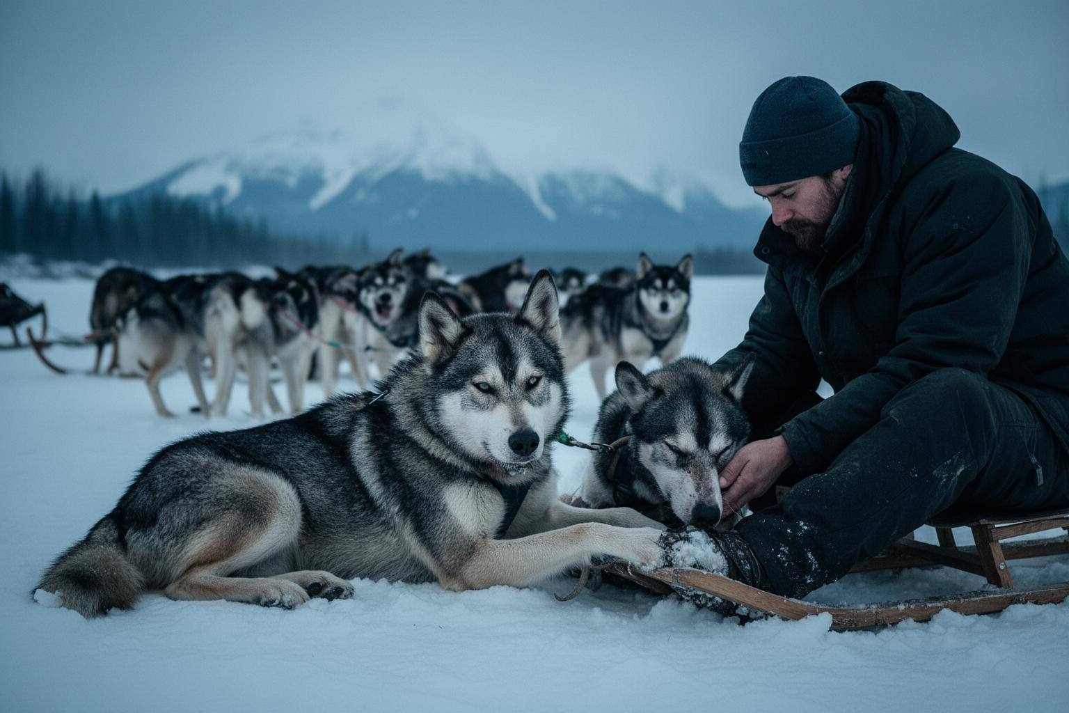 Perros de trineo descansando en la nieve durante una carrera, con musher revisando sus patas.