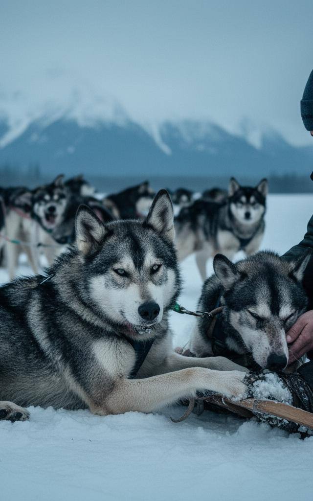 Perros de trineo descansando en la nieve durante una carrera, con musher revisando sus patas.