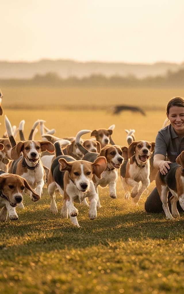 Sauvetage de beagles d'Envigo en 2022 : des beagles courent dans un champ au coucher du soleil