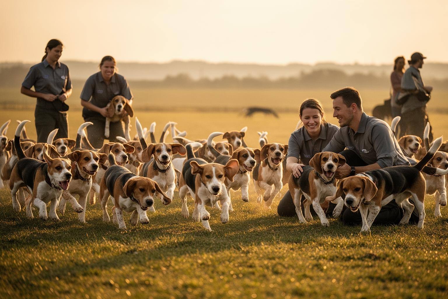 Sauvetage de beagles d'Envigo en 2022 : des beagles courent dans un champ au coucher du soleil