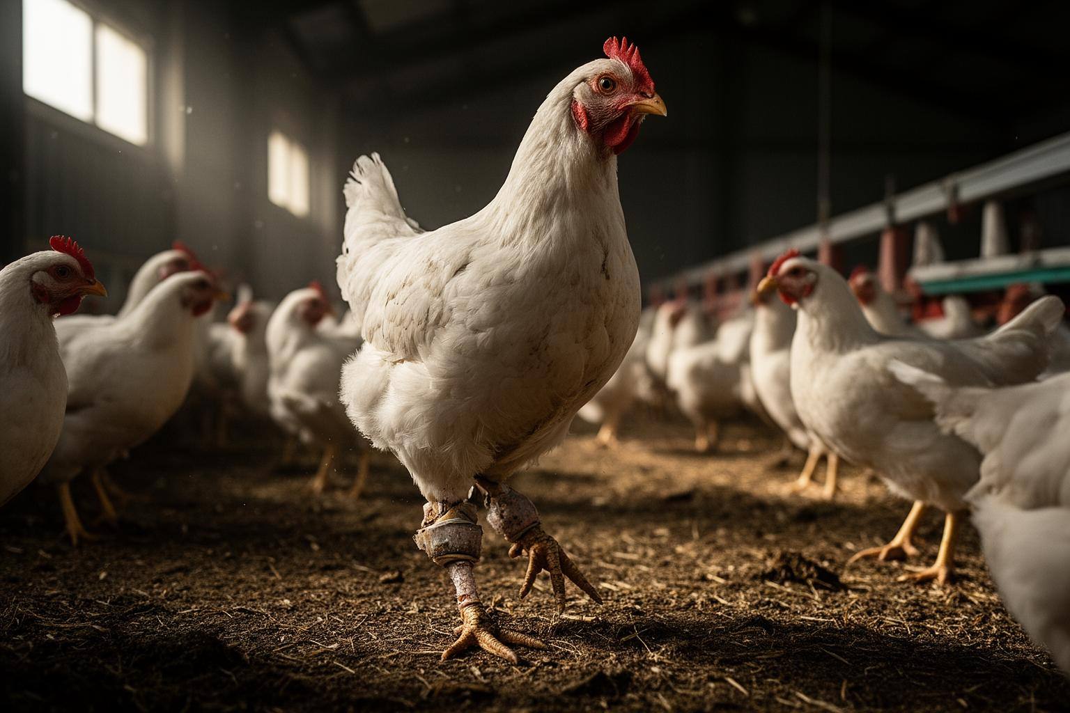 Frangos de crescimento rápido num aviário do Reino Unido no caso Frankenchicken
