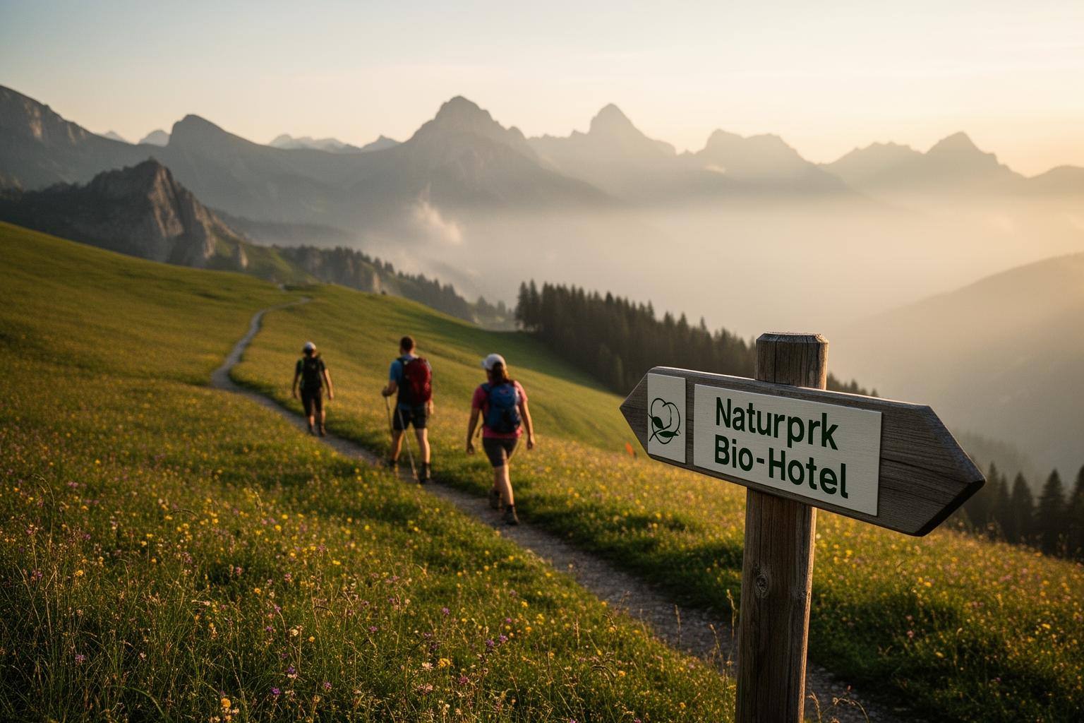 Ökotourismus: Wanderer auf einer Almwiese in den deutschen Alpen mit Blick auf Berge und Bio-Hotel-Schild