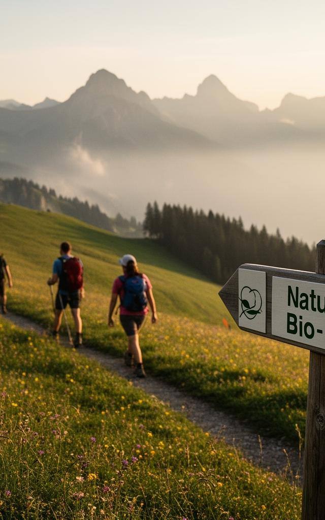 Ökotourismus: Wanderer auf einer Almwiese in den deutschen Alpen mit Blick auf Berge und Bio-Hotel-Schild