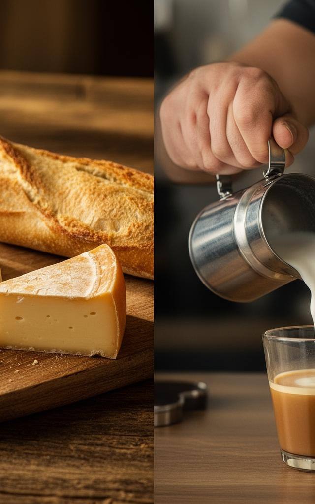 Assiette de fromages français et bouteilles de boissons végétales, comparaison visuelle