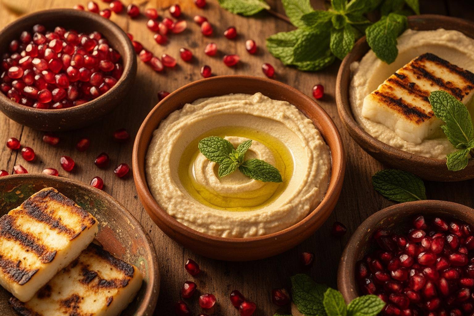 مائدة عربية فاخرة بأطباق نباتية الطابع متنوعة تشمل الحمص والخضار المشوية، تعكس التزام سوديكسو بالطعام الأخلاقي