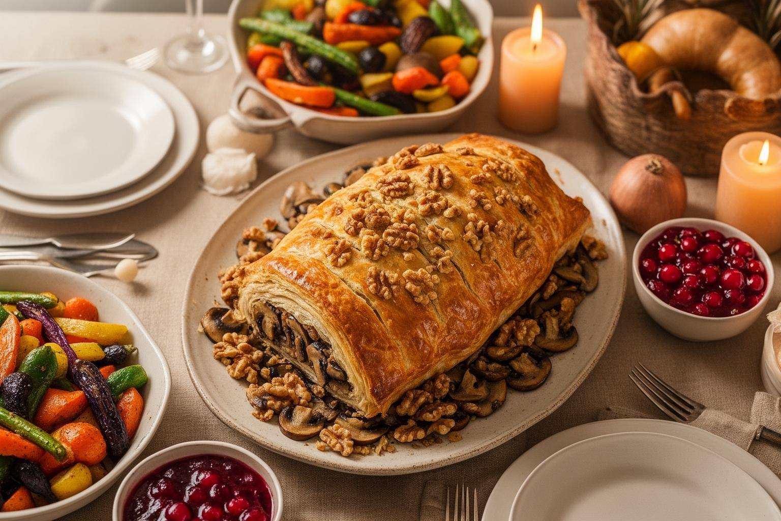 A vegan Thanksgiving table with a golden wellington roast and side dishes, highlighting best vegan thanksgiving recipes.