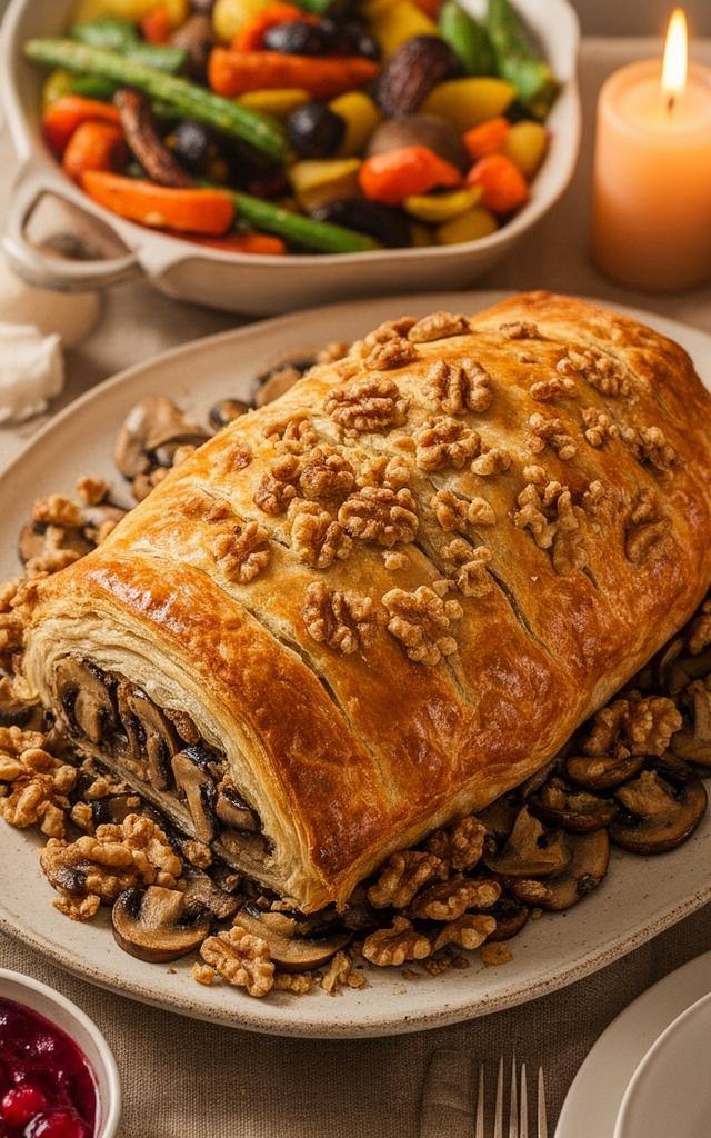 A vegan Thanksgiving table with a golden wellington roast and side dishes, highlighting best vegan thanksgiving recipes.