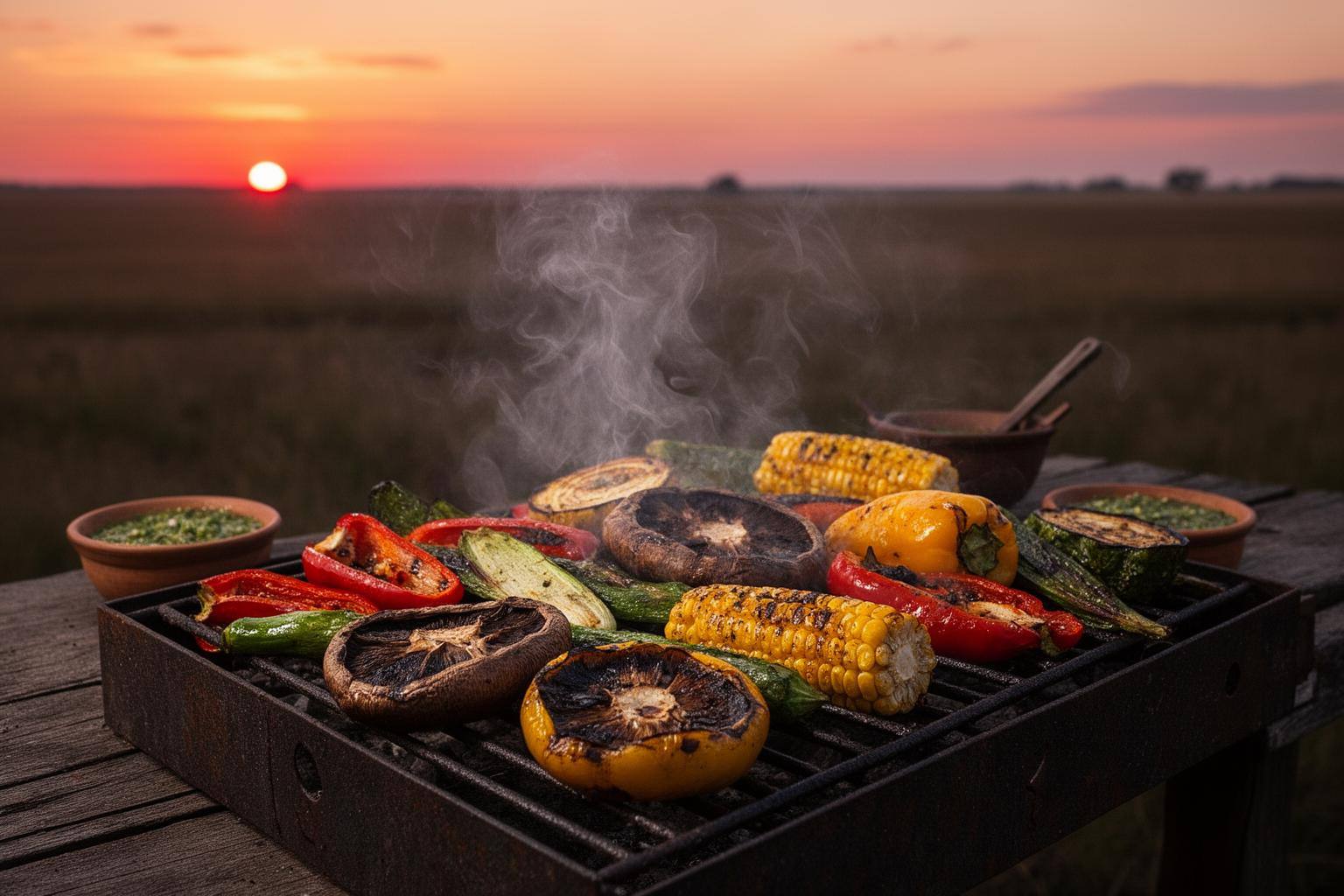 Asado vegano sustentable en Argentina: parrilla con verduras y chimichurri a la luz del atardecer