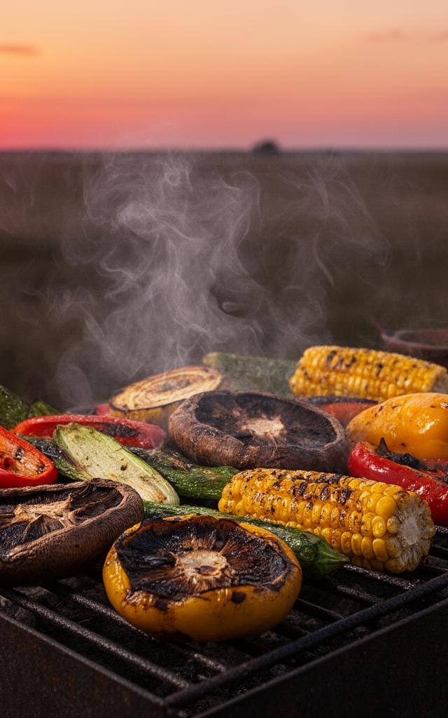 Asado vegano sustentable en Argentina: parrilla con verduras y chimichurri a la luz del atardecer