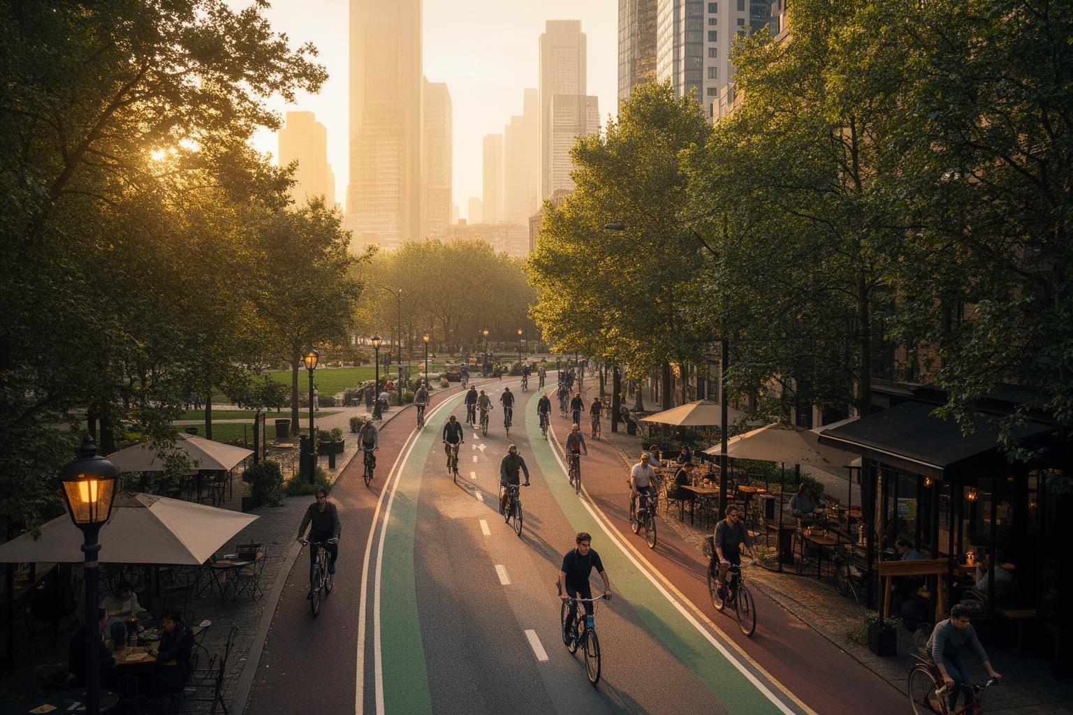 Cyclists on a protected lane in a 15-minute city, seamless urban design
